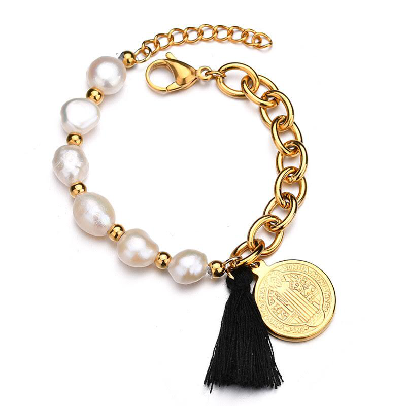 Pulsera San Benito de acero inoxidable y perla madre